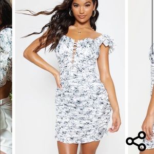 PrettyLittleThing White floral satin bodycon dress